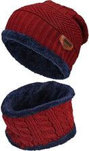 Load image into Gallery viewer, Unisex Men Women Knitted Fleece Beanie Hat and Loop Circle Scarf Snood Set Warm Soft and Comfortable - World of Scarfs