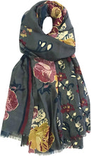 Load image into Gallery viewer, Floral Print with Gold Foil Scarf for Women Ladies Shawl Wrap Stole - Black Maroon Gold Grey Navy Blue Green by World of Shawls - World of Scarfs