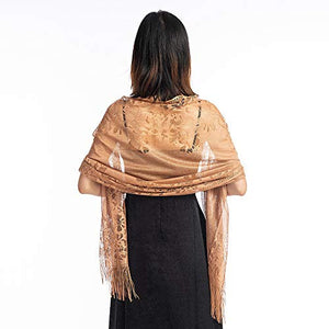 Women's Girls Floral Lace Scarf Shawl with Tassels, Soft Mesh Fringe Wraps for Wedding Evening Party Dresses - World of Shawls