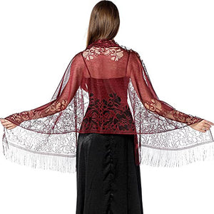 Women's Girls Floral Lace Scarf Shawl with Tassels, Soft Mesh Fringe Wraps for Wedding Evening Party Dresses - World of Shawls