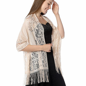 Women's Girls Floral Lace Scarf Shawl with Tassels, Soft Mesh Fringe Wraps for Wedding Evening Party Dresses - World of Shawls