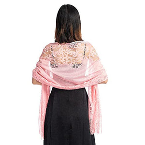 Women's Girls Floral Lace Scarf Shawl with Tassels, Soft Mesh Fringe Wraps for Wedding Evening Party Dresses - World of Shawls