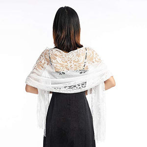 Women's Girls Floral Lace Scarf Shawl with Tassels, Soft Mesh Fringe Wraps for Wedding Evening Party Dresses - World of Shawls