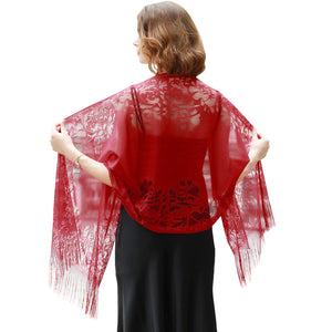 Women's Girls Floral Lace Scarf Shawl with Tassels, Soft Mesh Fringe Wraps for Wedding Evening Party Dresses - World of Shawls