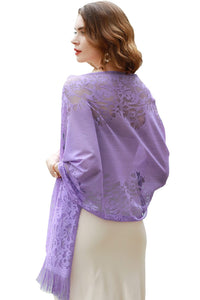 Women's Girls Floral Lace Scarf Shawl with Tassels, Soft Mesh Fringe Wraps for Wedding Evening Party Dresses - World of Shawls
