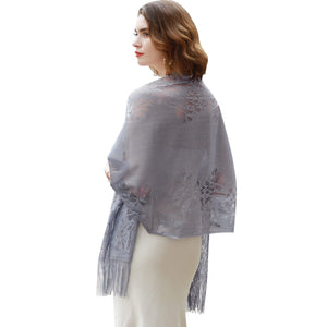 Women's Girls Floral Lace Scarf Shawl with Tassels, Soft Mesh Fringe Wraps for Wedding Evening Party Dresses - World of Shawls