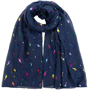Giraffe Animal Print Women's Scarf Shawl Wrap By World of Scarfs (Glitter Giraffe Navy Blue) - World of Scarfs