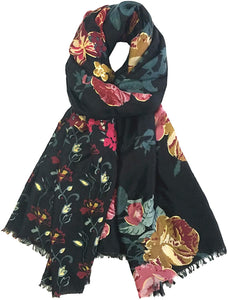 Floral Print with Gold Foil Scarf for Women Ladies Shawl Wrap Stole - Black Maroon Gold Grey Navy Blue Green by World of Shawls - World of Scarfs