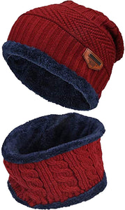 Unisex Men Women Knitted Fleece Beanie Hat and Loop Circle Scarf Snood Set Warm Soft and Comfortable - World of Scarfs