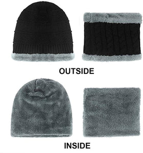 Unisex Men Women Knitted Fleece Beanie Hat and Loop Circle Scarf Snood Set Warm Soft and Comfortable - World of Scarfs