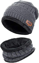 Load image into Gallery viewer, Unisex Men Women Knitted Fleece Beanie Hat and Loop Circle Scarf Snood Set Warm Soft and Comfortable - World of Scarfs
