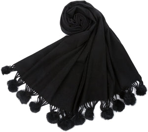 World of Shawls Women's Winter Warm Solid Scarf with Pom Pom Fringe - World of Scarfs