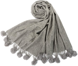 World of Shawls Women's Winter Warm Solid Scarf with Pom Pom Fringe - World of Scarfs