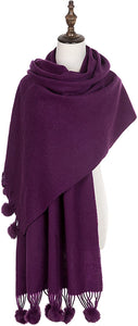 World of Shawls Women's Winter Warm Solid Scarf with Pom Pom Fringe - World of Scarfs
