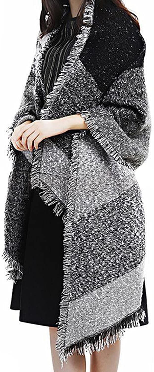 Women's Oversized Pashmina Scarf Wrap Poncho | Black Cashmere Feel With Tartan Accents | All-Season Patchwork Cape
