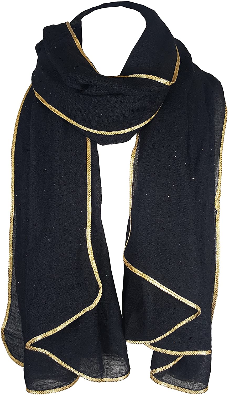 SEASONAL SPECIAL New Ladies Celebrity Style Glitter Sparkle Stardust with Gold Piping Border Scarf Scarves Maxi Wrap Wedding Party Gift - World of Scarfs