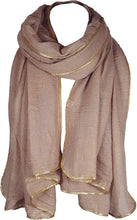 Load image into Gallery viewer, SEASONAL SPECIAL New Ladies Celebrity Style Glitter Sparkle Stardust with Gold Piping Border Scarf Scarves Maxi Wrap Wedding Party Gift - World of Scarfs
